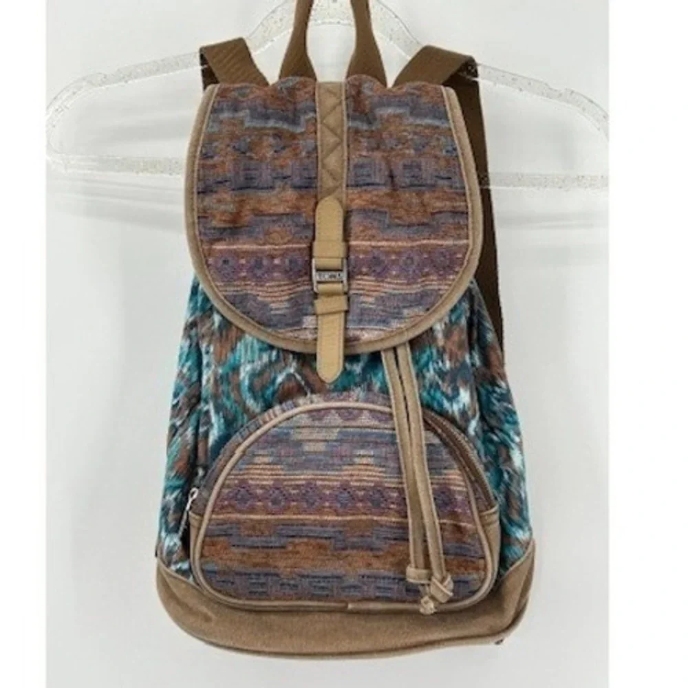 TOMS Ikat Southwestern Canvas Drawstring Backpack Teal Brown Boho Festival Bag